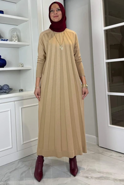 Beyza Fitilli Triko Elbise Bej - Resim 6