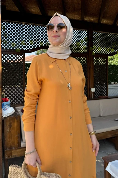 Süreyya Gömlek Elbise Hardal Sarısı - Resim 4