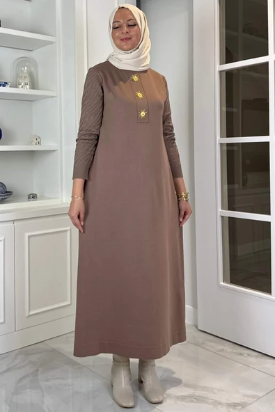 Güneş Triko Elbise Sütlü Kahve ürün görseli 1