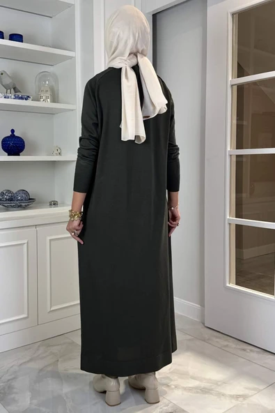 Beyza Fitilli Triko Elbise Haki - Resim 5