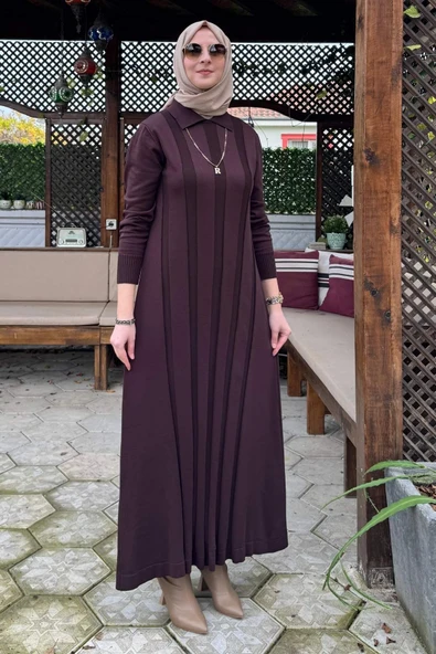 Biricik Kemerli Triko Elbise Acı Kahve - Resim 6