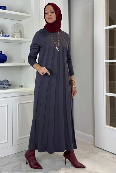 Beyza Fitilli Triko Elbise Antrasit - Resim 3