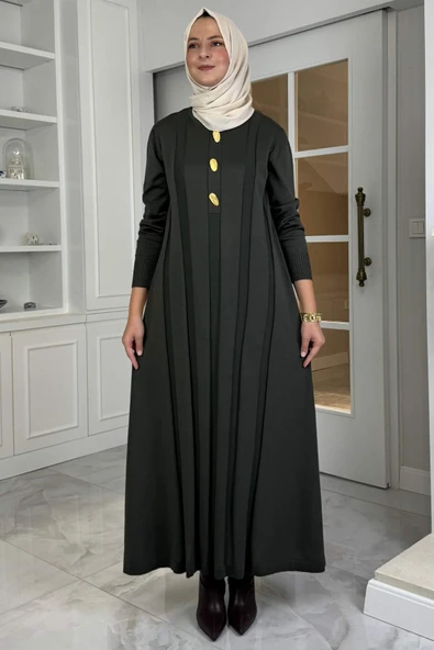 Yaprak Triko Elbise Haki - Resim 3