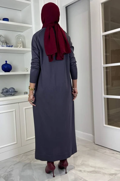 Beyza Fitilli Triko Elbise Antrasit - Resim 5