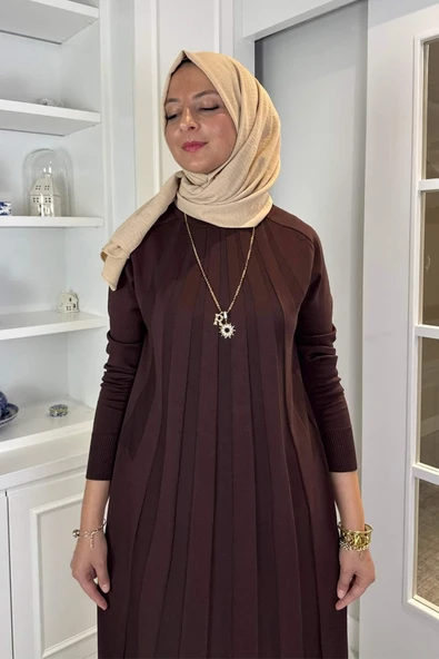 Beyza Fitilli Triko Elbise Acı Kahve - Resim 2