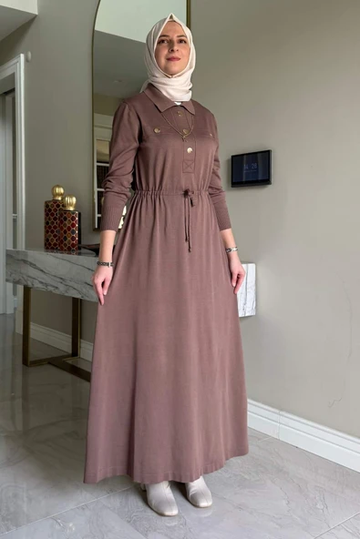 Hazan Triko Elbise Sütlü Kahve - Resim 3