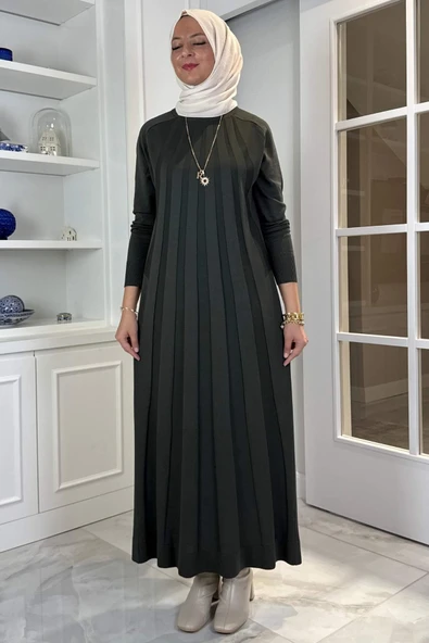 Beyza Fitilli Triko Elbise Haki - Resim 4