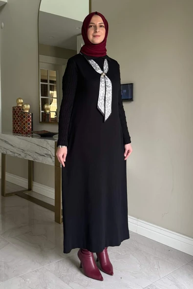 Şölen Fularlı Triko Elbise Siyah - Resim 7