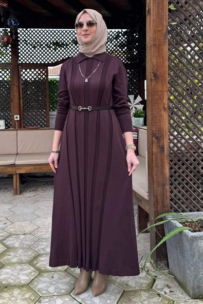 Biricik Kemerli Triko Elbise Acı Kahve - Resim 5