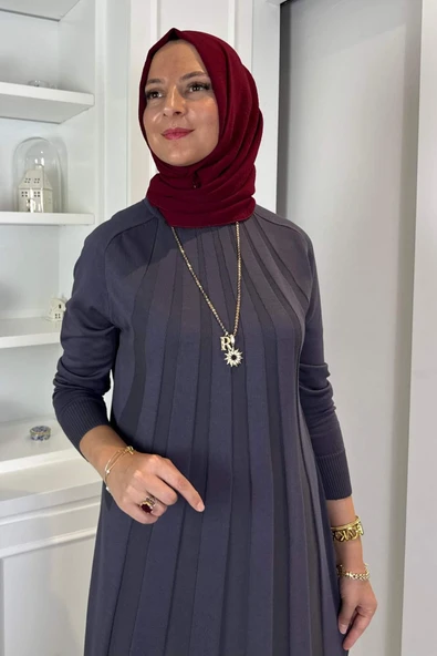 Beyza Fitilli Triko Elbise Antrasit - Resim 2