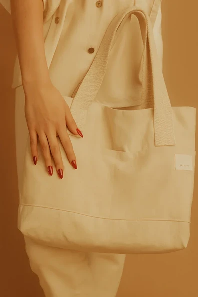 Kadın Krem El Omuz Ve Plaj Çantası Kanvas Çok Amaçlı Çanta - Resim 2