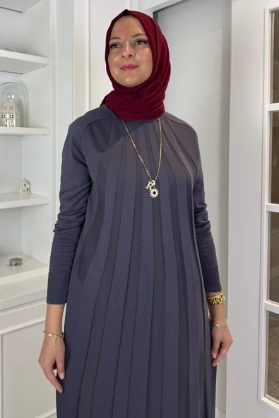 Beyza Fitilli Triko Elbise Antrasit - Resim 4