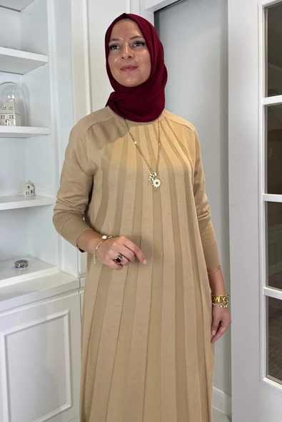 Beyza Fitilli Triko Elbise Bej - Resim 2