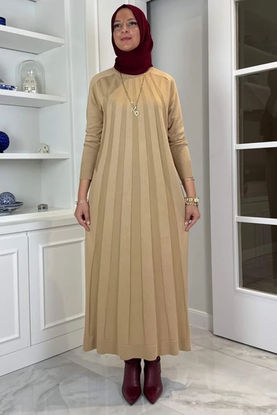 Beyza Fitilli Triko Elbise Bej - Resim 4