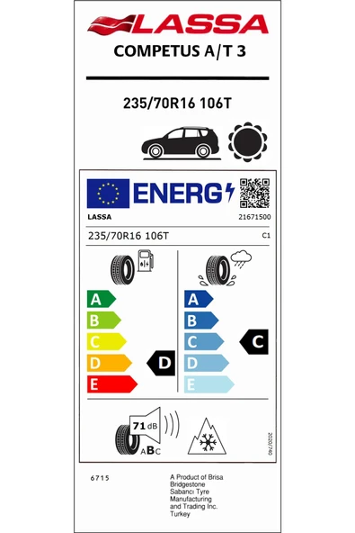 Lassa 235/70R16 106T COMPETUS A/T 3 (4x4-SUV) YAZ LASTİĞİ (ÜRETİM YILI:2024) ürün görseli 1
