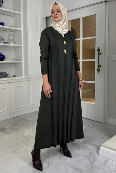 Yaprak Triko Elbise Haki - Resim 6