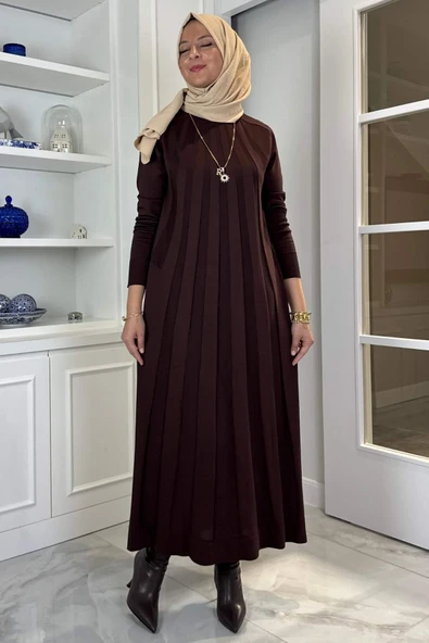 Beyza Fitilli Triko Elbise Acı Kahve - Resim 3