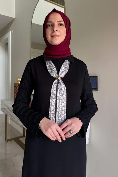 Şölen Fularlı Triko Elbise Siyah - Resim 3