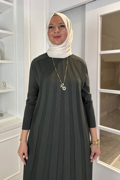 Beyza Fitilli Triko Elbise Haki - Resim 2