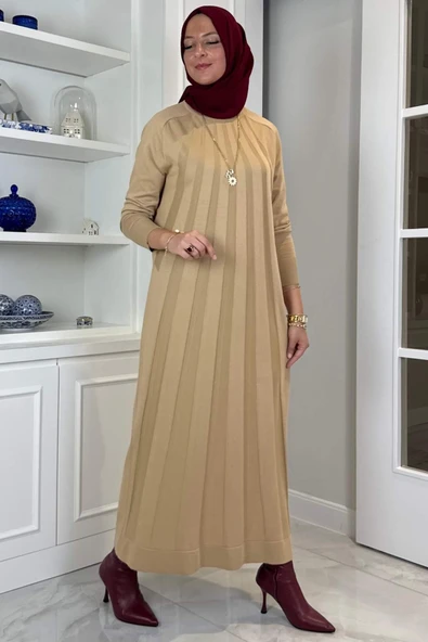 Beyza Fitilli Triko Elbise Bej - Resim 3