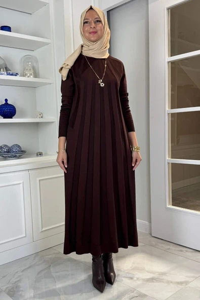 Beyza Fitilli Triko Elbise Acı Kahve - Resim 4