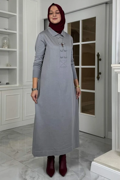 Laçin Triko Elbise Gri - Resim 6