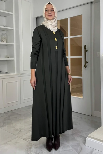 Yaprak Triko Elbise Haki - Resim 4