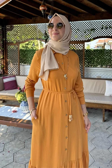 Süreyya Gömlek Elbise Hardal Sarısı - Resim 2