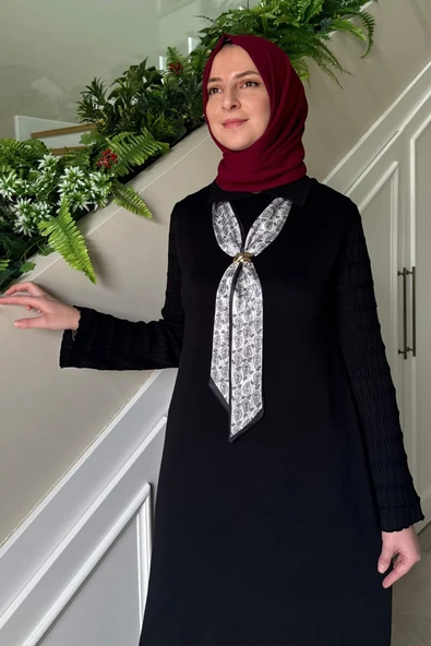 Şölen Fularlı Triko Elbise Siyah - Resim 2