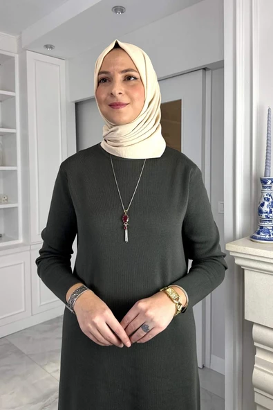 Öykü Çelik Örme Triko Elbise Haki - Resim 2