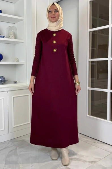 Güneş Triko Elbise Bordo - Resim 5
