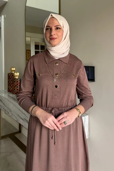 Hazan Triko Elbise Sütlü Kahve - Resim 2