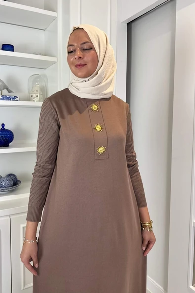 Güneş Triko Elbise Sütlü Kahve - Resim 4