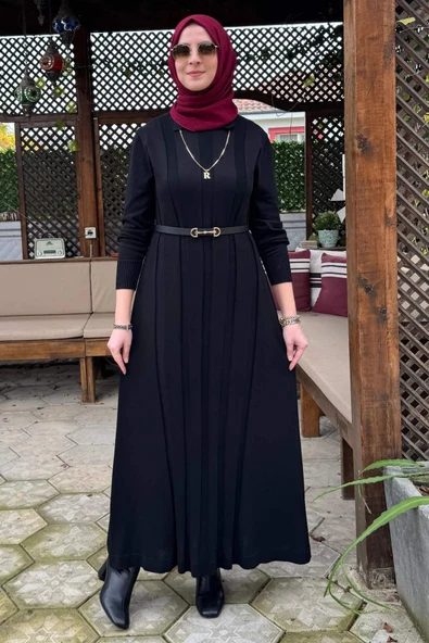 Biricik Kemerli Triko Elbise Siyah - Resim 6