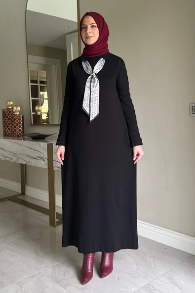 Şölen Fularlı Triko Elbise Siyah - Resim 8