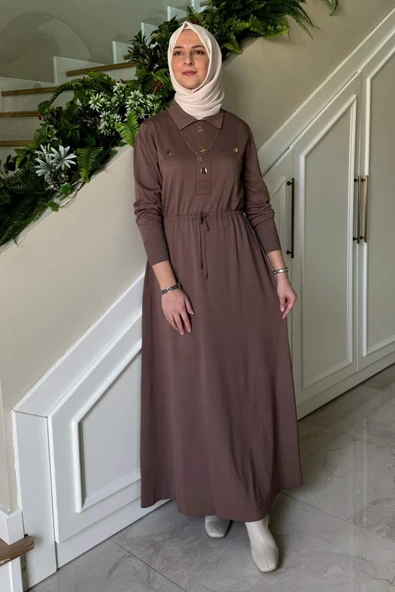 Hazan Triko Elbise Sütlü Kahve - Resim 5