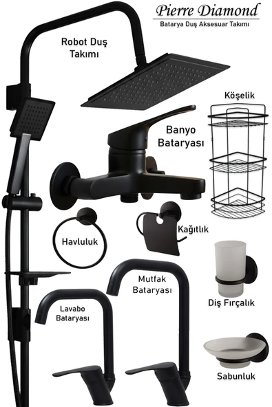 Mutfak Lavabo Banyo Bataryası ve Robot Duş Takımı Köşelik Kağıtlık Havluluk Aksesuarları Siyah Renk ürün görseli 1