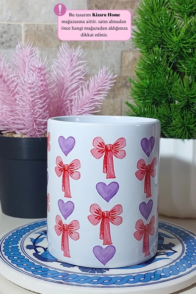Kalp Kurdele Klasik Porselen Kupa Bardak - Resim 2