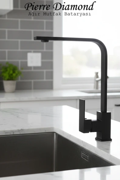 Mutfak Bataryası Kare Model Ağır Tip Lüks Siyah Renk Eviye Musluğu Musluk Armatür - Resim 2