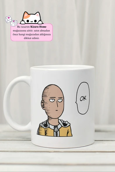 One Punch Man - Saitama OK Anime Tasarım Baskılı Porselen Kupa Bardak ürün görseli 1