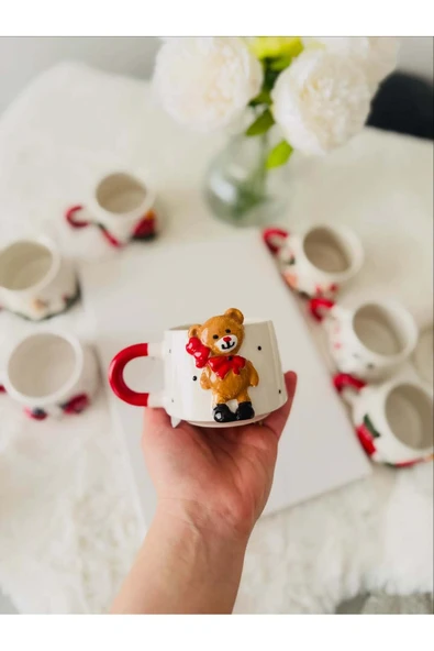 Ayıcık Figür Kabartmalı Yılbaşı El Yapımı Kupa, Bardak, Kahve Fincanı - Resim 2