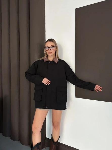 Astarlı yaka detaylı artos ceket siyah st2651019 - Resim 4