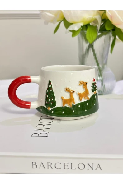 Geyik Kabartmalı Yılbaşı El Yapımı Kupa, Bardak, Kahve Fincanı ürün görseli 1
