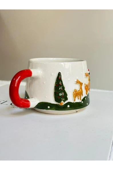 Geyik Kabartmalı Yılbaşı El Yapımı Kupa, Bardak, Kahve Fincanı - Resim 2
