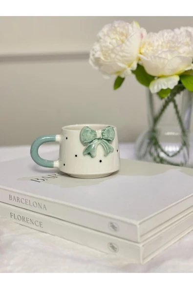 Su Yeşili Fiyonk Kabartmalı Yılbaşı El Yapımı Kupa, Bardak, Kahve Fincanı - Resim 2