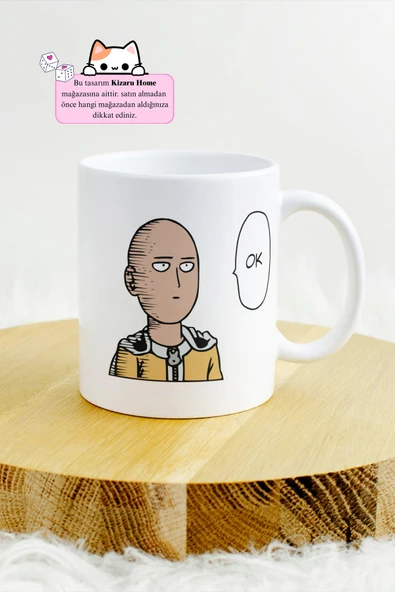 One Punch Man - Saitama OK Anime Tasarım Baskılı Porselen Kupa Bardak - Resim 2