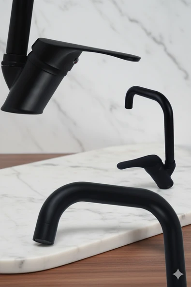 Mutfak Lavabo Banyo Bataryası ve Robot Duş Takımı Köşelik Kağıtlık Havluluk Aksesuarları Siyah Renk - Resim 4