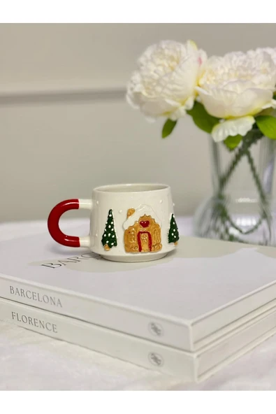 Kurabiye Evi Kabartmalı Yılbaşı El Yapımı Kupa, Bardak, Kahve Fincanı - Resim 2