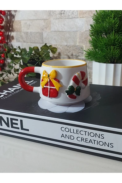 Baston Şeker ve Hediye Kutu Kabartmalı Yılbaşı El Yapımı Kupa, Bardak, Kahve Fincanı - Resim 2