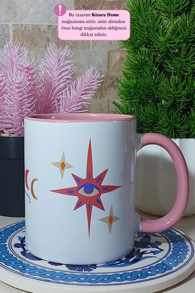Tek Göz Manifest Tasarım Pembe Porselen Kupa Bardak - Resim 3